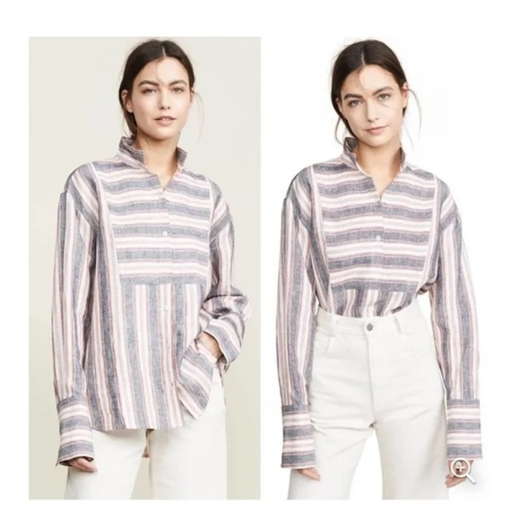 frame denim Frame Bib Striped button up  Linen Shirt - Natural White Multi - Picture 5 of 5